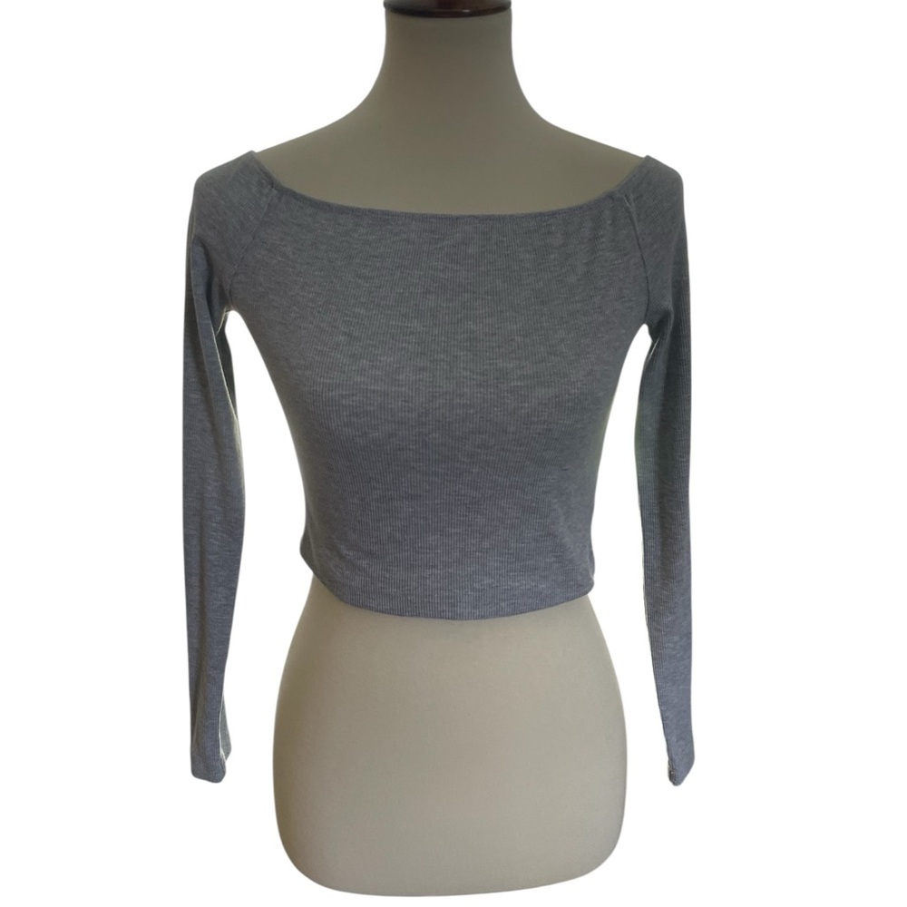 SHEIN Gray Fitted Long Sleeve Crop Top Off‎ Shoulder Size Small